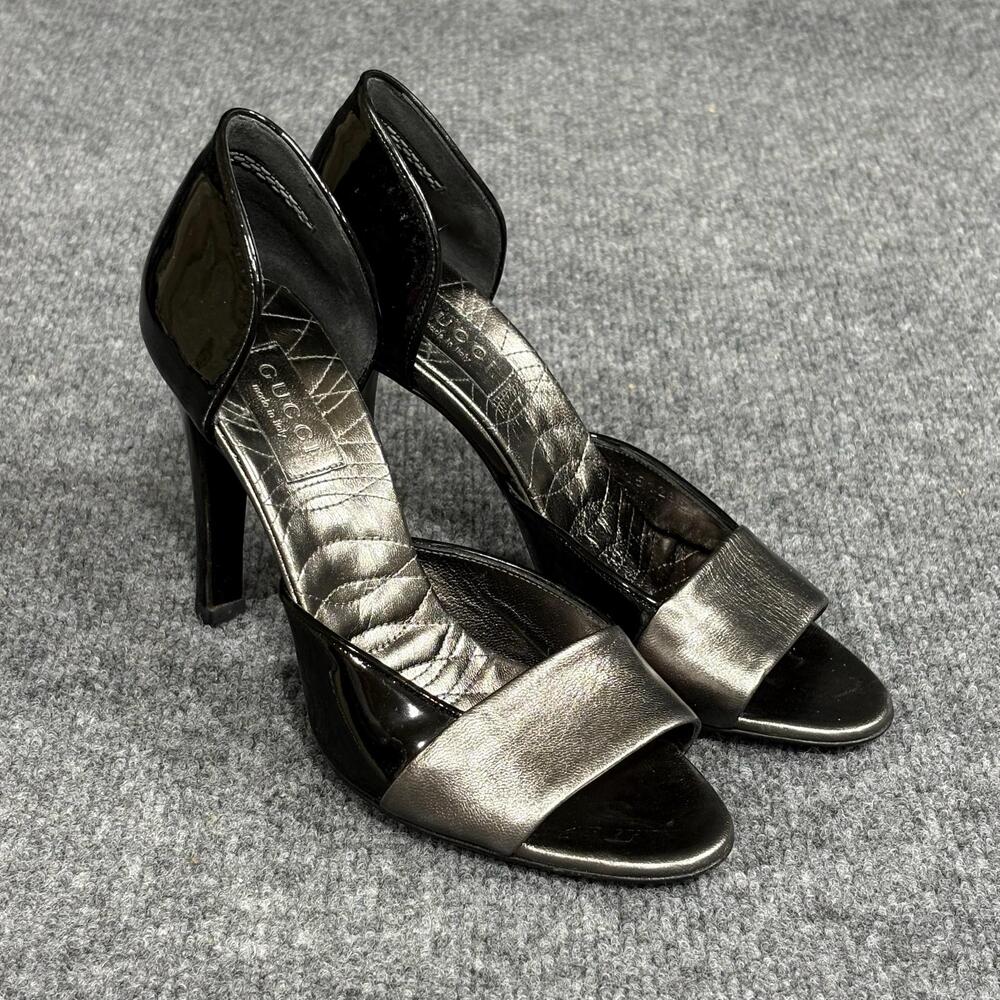 Gucci Shoes Womens 6B Black Metallic Gunmetal D'Orsay Peep Toe Heels Pumps Italy